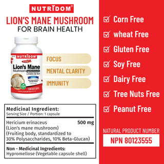 Nutridom Lion's Mane Mushroom 500mg (120 Veggie Capsules)