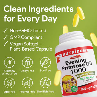 Nutridom Evening Primrose Oil 1000mg | Organic | Cold Pressed | 120 Veggie Softgels