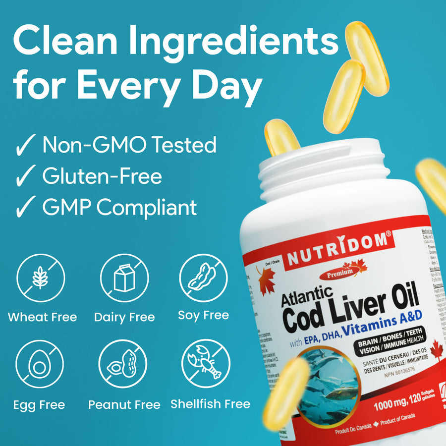 Nutridom Atlantic Cod Liver Oil 1000 mg | EPA, DHA, Vitamins A & D | 1