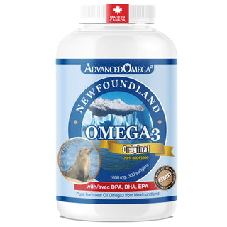 Omega-3 supplement bottle with 'Advanced Omega' branding on a white background