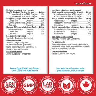 Omega 3-6-9 | Fish, Borage and Flaxseed Oil | EPA DHA GLA ALA | 120 Softgels label
