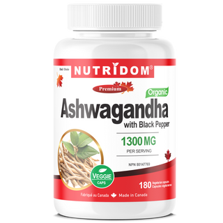 Organic Ashwagandha 1300 mg with Black Pepper, 180 Capsules