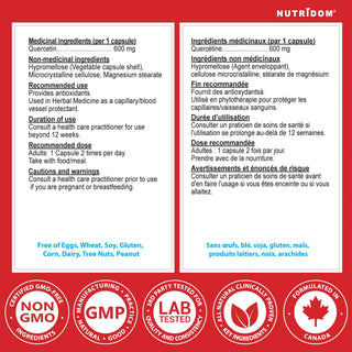 Quercetin supplement facts label 600 mg capsules