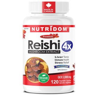 Nutridom Reishi 4x mushroom extract supplement bottle on a white background