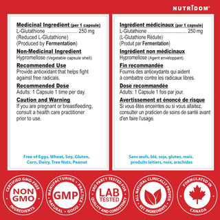 Reduced glutathione supplement facts label 250 mg 60 capsules