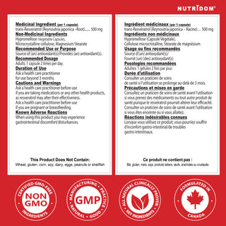 Nutridom Resveratrol 500 mg | Advanced Antioxidant | Cellular Health | Japanese Knotweed Extract | 60 VCaps