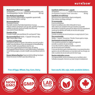 Serrapeptase 120000 SU supplement facts label enteric coated