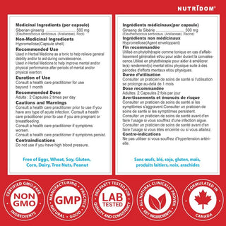 Siberian eleuthero supplement facts label 500 mg
