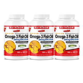 Nutridom Omega-3 Fish Oil 1000mg | High-Potency EPA & DHA | 300 Softgels - 3 Pack