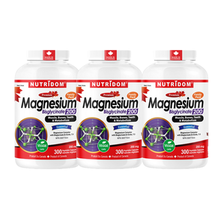 Nutridom Magnesium Bisglycinate 200mg | Chelated Magnesium | Muscle, Teeth, Bone and Metabolism | 300 Vcaps - 3 Pack
