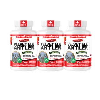 Nutridom Canadian Velvet Elk Antler 500mg | Freeze Dried | 30 Vcaps | Made in Canada - 3 Pack