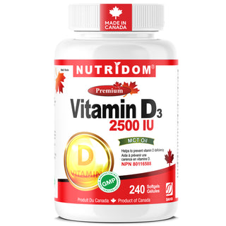 Nutridom Vitamin D3 2500 IU supplement bottle on a white background