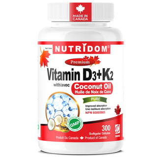 Nutridom Vitamin D3 + K2 | 120 mcg MK-7 + 1000 IU D3 | Coconut Oil | 300 Softgels
