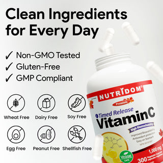 Nutridom Vitamin C 1000mg | Time Release | High Bioavailability | 300 V-Capsules