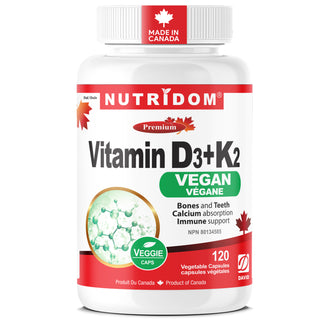 Nutridom Vitamin D3+K2 Vegan | Sourced from Lichens & Natto | Made In Canada | 120 Vcaps
