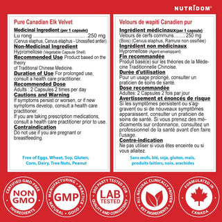 Velvet elk antler supplement facts label 250 mg capsules