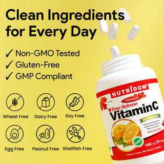 Nutridom Timed Release Vitamin C 1000mg | Citrus Bioflavonoids & Rose Hip | 120 Tablets