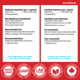 Nutridom Vitamin D3 1,000 IU | MCT Oil | Immune & Bone | 500 Softgels