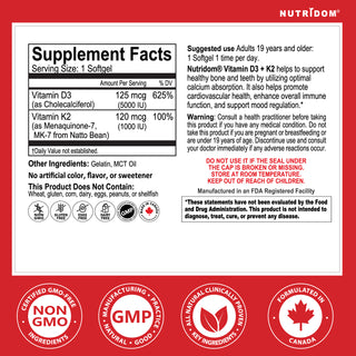 Vitamin D3 5,000 IU + K2 120mcg MK-7 | MCT Oil | High Potency | 120 Softgels LABEL