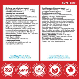 Vitamin D3 K2 supplement facts label plant based formula