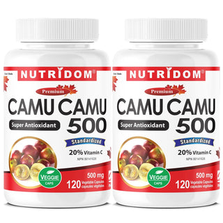 Two bottles of Nutridom Camu Camu 500 supplement 
