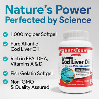 Nutridom Atlantic Cod Liver Oil 1000 mg | EPA, DHA, Vitamins A & D | 120 Fish Gelatin Soft gels