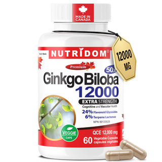 Nutridom Ginkgo Biloba 12000 mg | Extra Strength 24% Flavonoid, 6% Terpene | 60 Vcaps