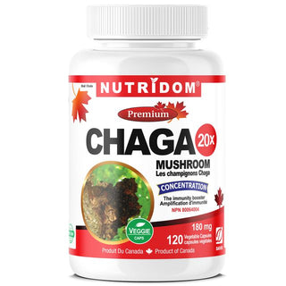 Nutridom Chaga Mushroom 20倍提取物，180mg（相当于3,600mg QCE）（120粒胶囊），加拿大制造，最佳品质，增强免疫功能，对抗氧化应激，促进健康老化，减少炎症，促进健康消化，支持代谢健康。