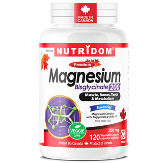 Nutridom 镁双甘氨酸盐 200 毫克（120 粒胶囊）加拿大制造，高品质，支持肌肉功能，促进放松，提高睡眠质量，支持压力管理，支持心脏健康