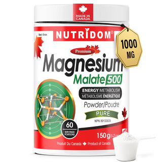 NUTRIDOM Magnesium Malate 500 powder container with a scoop on a white background