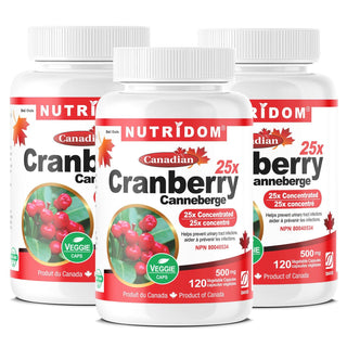 Nutridom Cranberry 25x, Canadian Whole Fruit Concentrate, 500 mg, UTI Support, 120 Veggie Capsules - 3 PACK - CAFORIA.CA