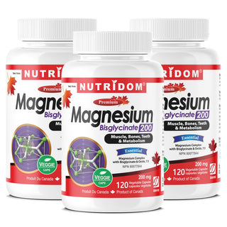 Nutridom Magnesium Bisglycinate, 200 mg, 120 Veggie Capsules - 3 PACK - CAFORIA.CA