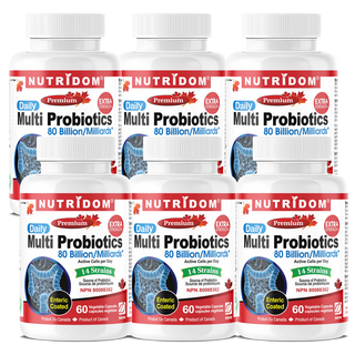 Nutridom Multi Probiotics | 80 Billion CFU | 14 Strains | 60 V-Capsules | Made in Canada - 6 Pack