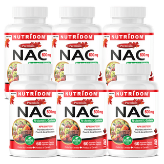 Nutridom NAC, N - Acetyl - L - Cysteine, 600 mg, 60 Veggie Capsules - 6 PACK - CAFORIA.CA