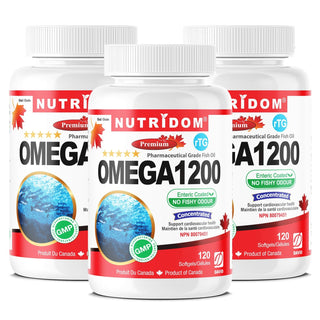 Nutridom Omega 1200 (rTG Omega 3) Fish Oil, EPA, DHA, 120 Softgels - 3 PACK - CAFORIA.CA