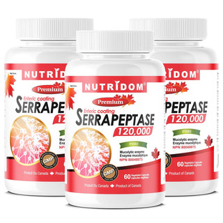 Nutridom Serrapeptase 120,000 SPU, 60 mg, 60 Veggie Capsules - 3 PACK - CAFORIA.CA