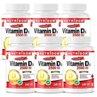 Nutridom Vitamin D3 (Cholecalciferol) with MCT Oil, 62.5 mcg (2500 IU), 240 Softgels - 6 PACK - CAFORIA.CA