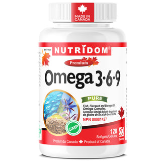 Nutridom Omega 3-6-9 supplement bottle on a white background