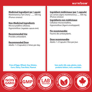 Nutritional supplement label with ingredient list, recommended use, and certification logos on a red background.
