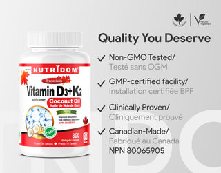 Nutridom Vitamin D3 + K2 | 120 mcg MK-7 + 1000 IU D3 | Coconut Oil | 300 Softgels